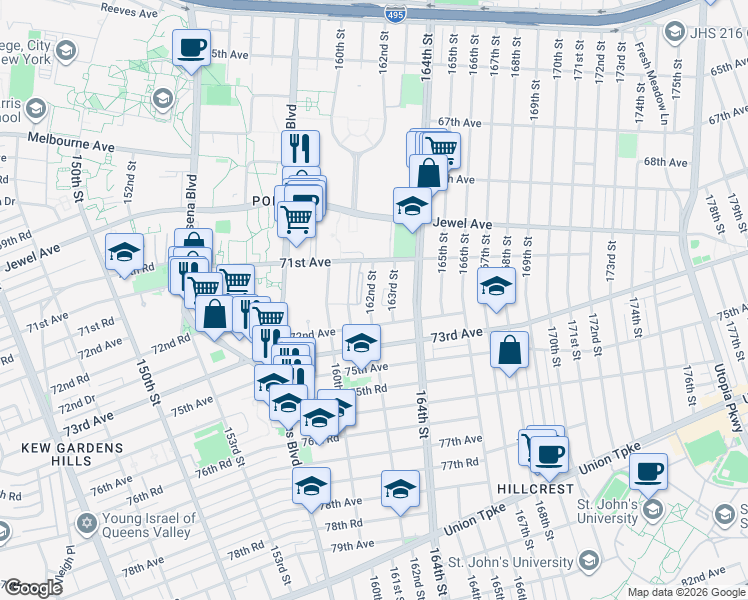 map of restaurants, bars, coffee shops, grocery stores, and more near 71-30 162nd Street in Queens