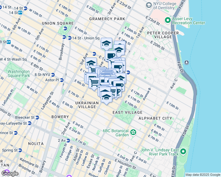 map of restaurants, bars, coffee shops, grocery stores, and more near 342 East 11th Street in New York