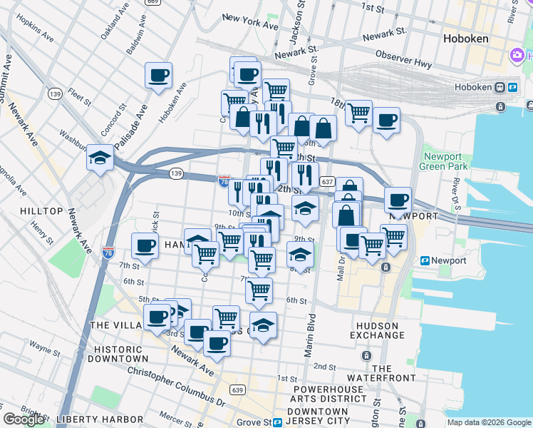 map of restaurants, bars, coffee shops, grocery stores, and more near 197 12th Street in Jersey City