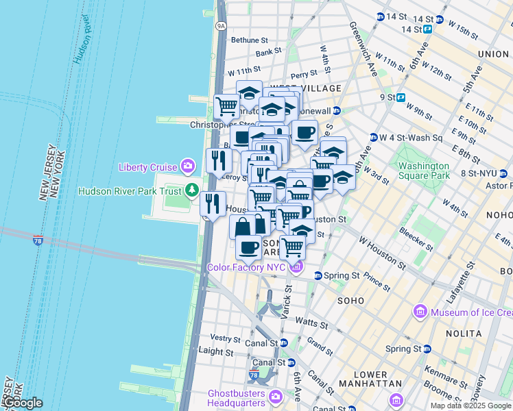 map of restaurants, bars, coffee shops, grocery stores, and more near 395 Hudson Street in New York
