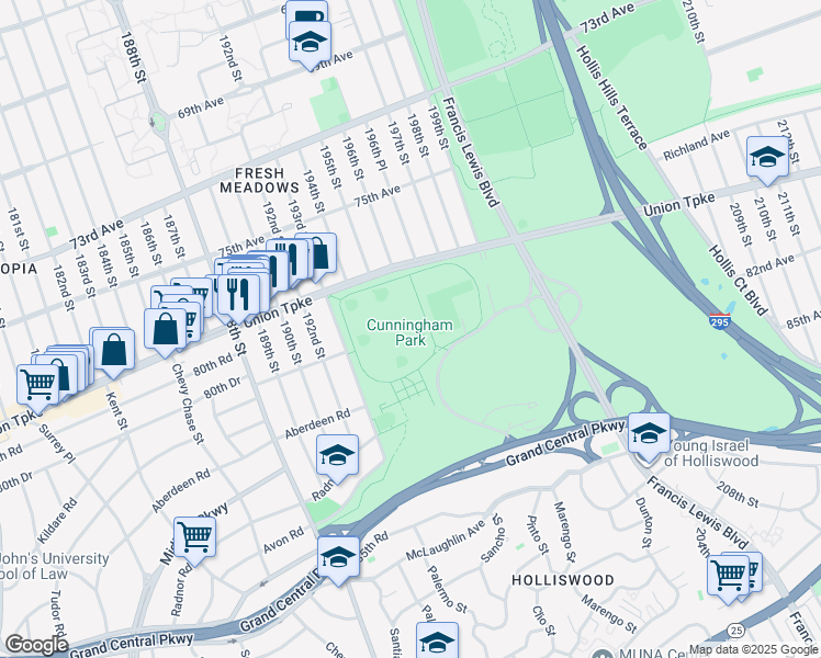 map of restaurants, bars, coffee shops, grocery stores, and more near 196-10 Union Turnpike in Queens
