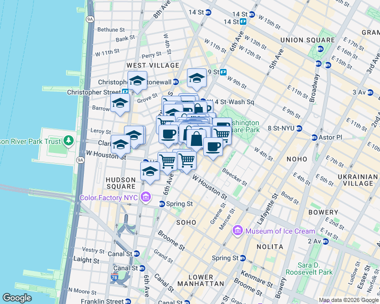 map of restaurants, bars, coffee shops, grocery stores, and more near 190 Bleecker Street in New York