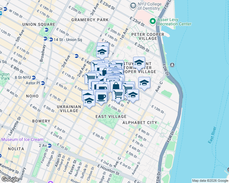 map of restaurants, bars, coffee shops, grocery stores, and more near 199 Avenue A in New York