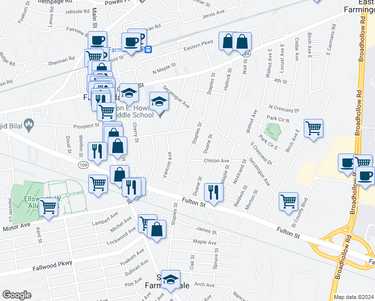 map of restaurants, bars, coffee shops, grocery stores, and more near 246 Staples Street in Farmingdale
