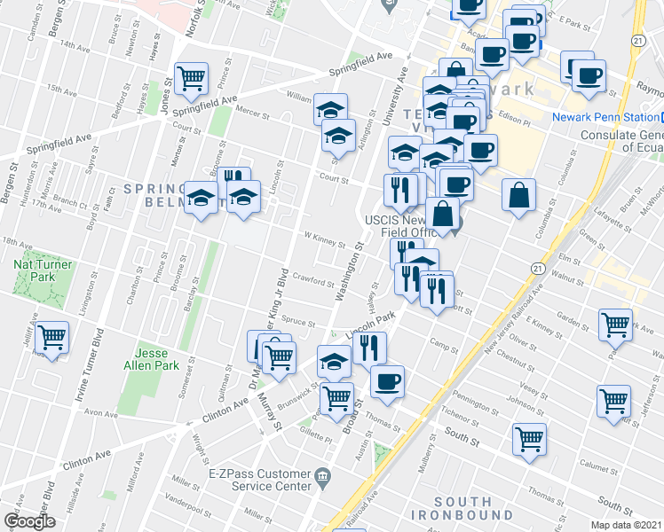 map of restaurants, bars, coffee shops, grocery stores, and more near Vine Street in Newark