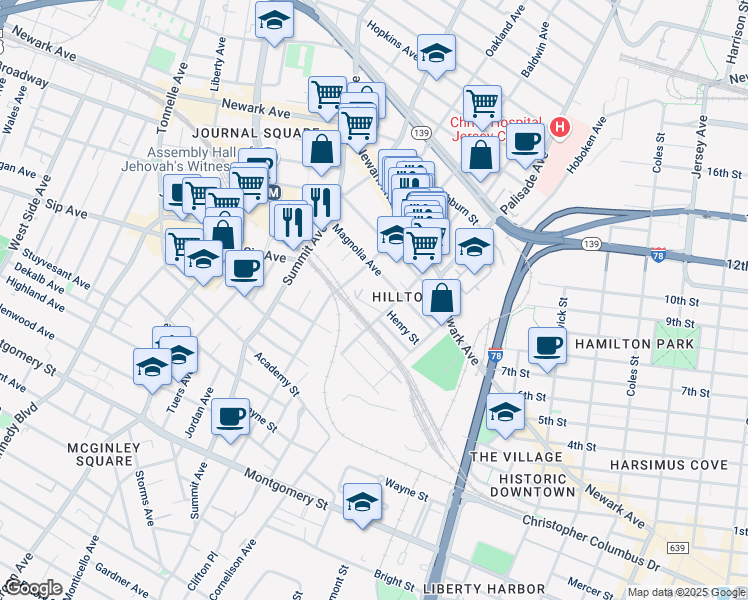 map of restaurants, bars, coffee shops, grocery stores, and more near 65 Magnolia Avenue in Jersey City