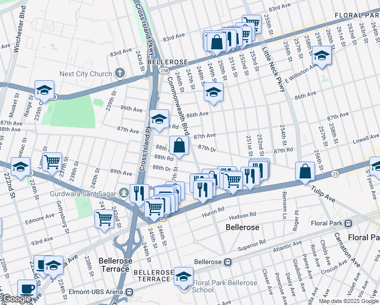 map of restaurants, bars, coffee shops, grocery stores, and more near 88-01 247th Street in Queens