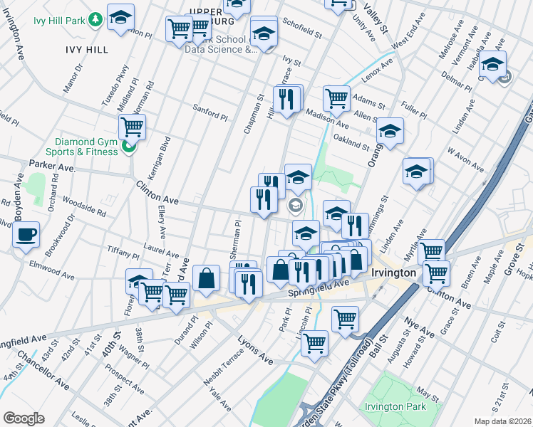 map of restaurants, bars, coffee shops, grocery stores, and more near 513 Stuyvesant Avenue in Irvington