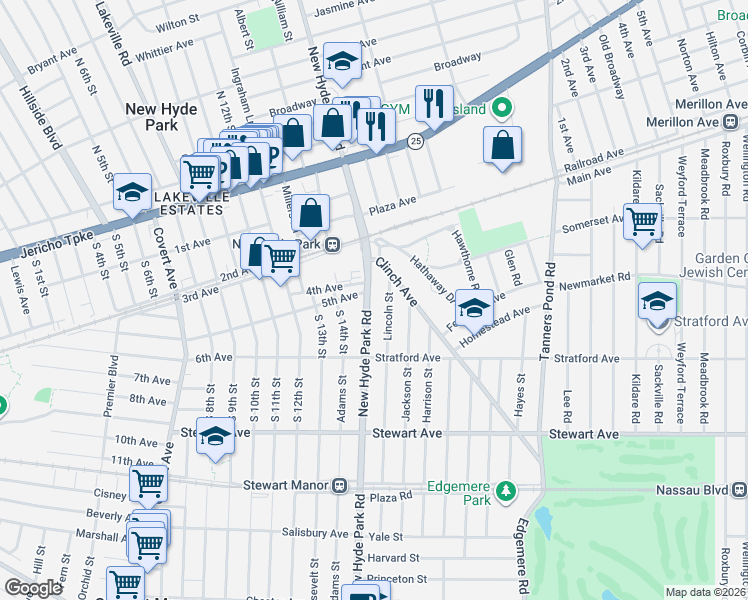 map of restaurants, bars, coffee shops, grocery stores, and more near 166 Lincoln Street in Garden City