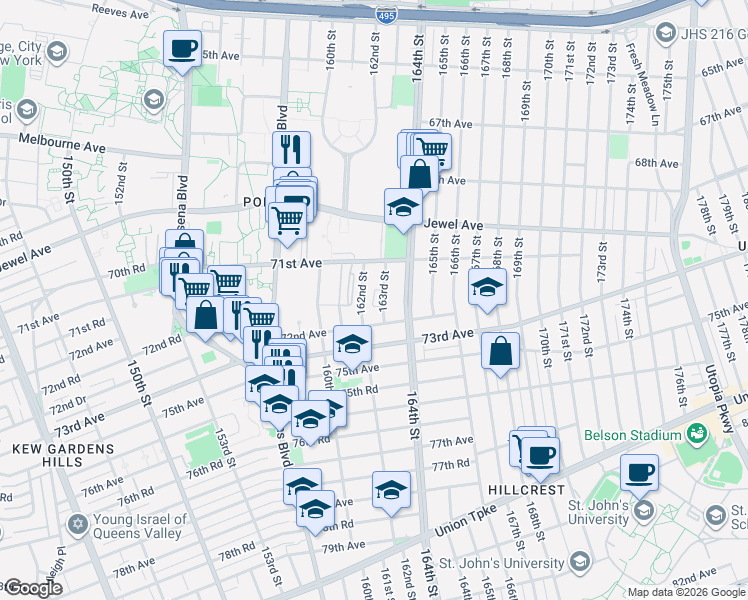 map of restaurants, bars, coffee shops, grocery stores, and more near 71-25 163rd Street in Queens
