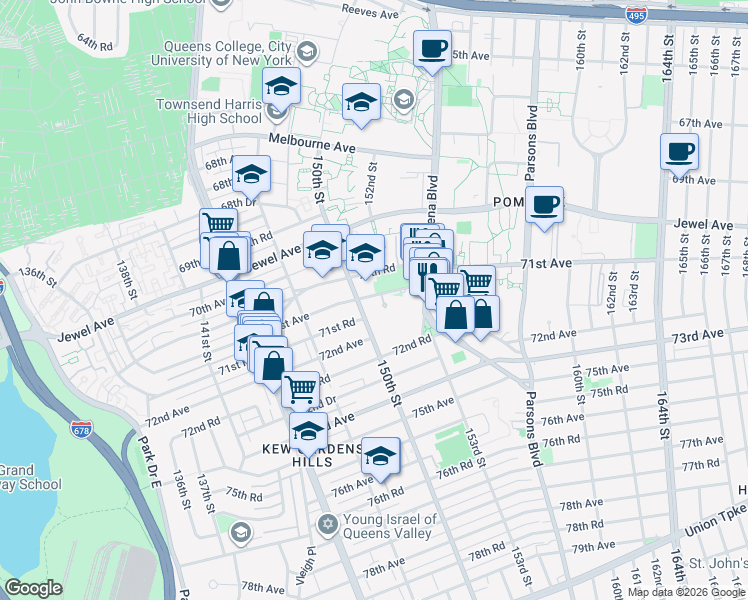 map of restaurants, bars, coffee shops, grocery stores, and more near 70-35 150th Street in Queens