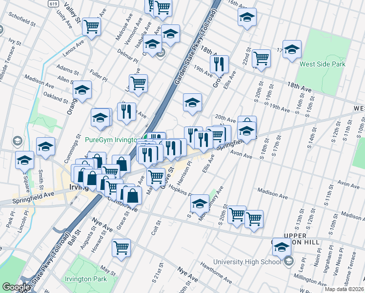 map of restaurants, bars, coffee shops, grocery stores, and more near 855 Grove Street in Irvington
