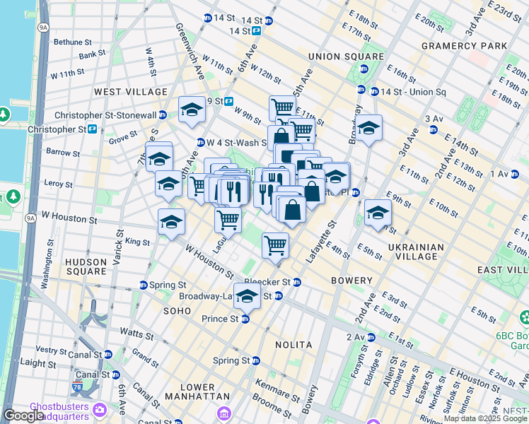 map of restaurants, bars, coffee shops, grocery stores, and more near 50 W 4th Street in New York