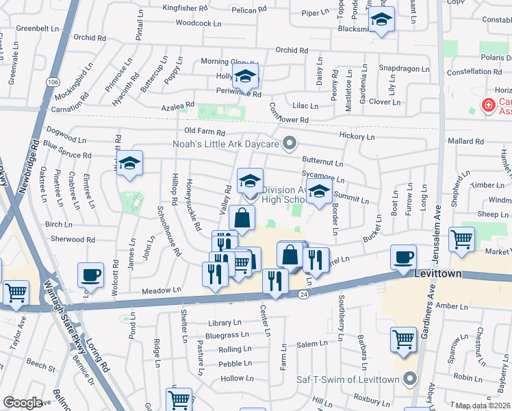 map of restaurants, bars, coffee shops, grocery stores, and more near 120 Division Avenue in Levittown