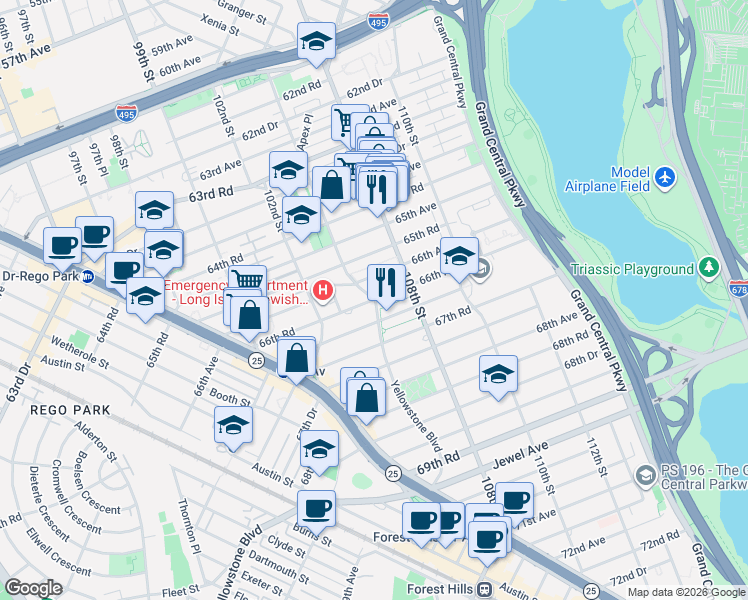 map of restaurants, bars, coffee shops, grocery stores, and more near 66-37 Yellowstone Boulevard in Queens