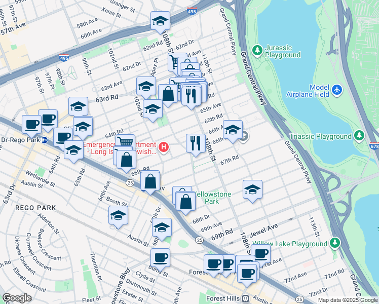 map of restaurants, bars, coffee shops, grocery stores, and more near 105-20 66th Avenue in Queens