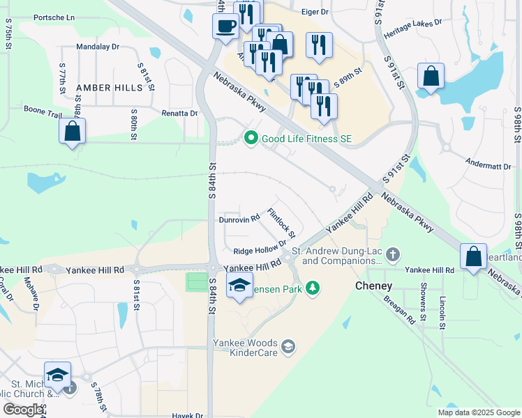 map of restaurants, bars, coffee shops, grocery stores, and more near 8660 Dunrovin Road in Lincoln