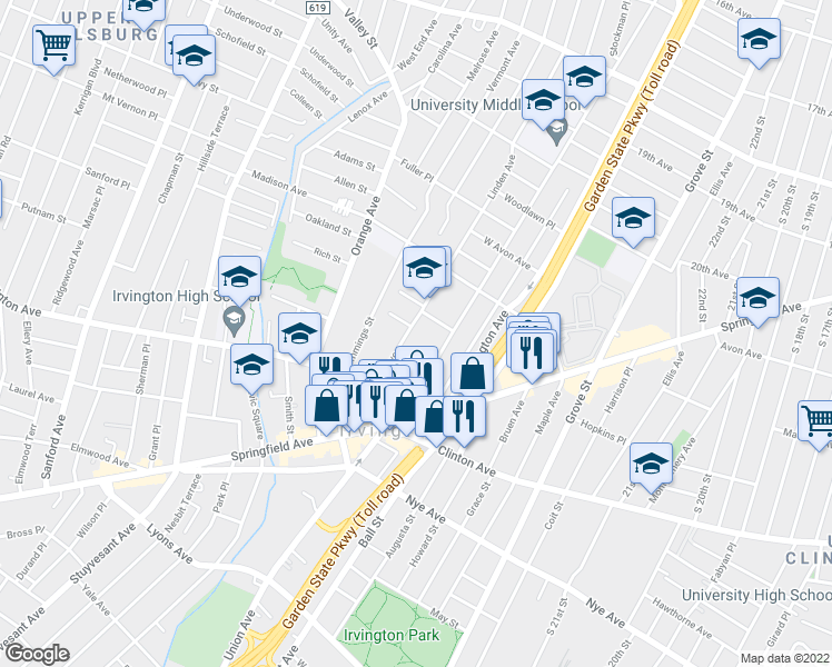 map of restaurants, bars, coffee shops, grocery stores, and more near 84 Linden Avenue in Irvington