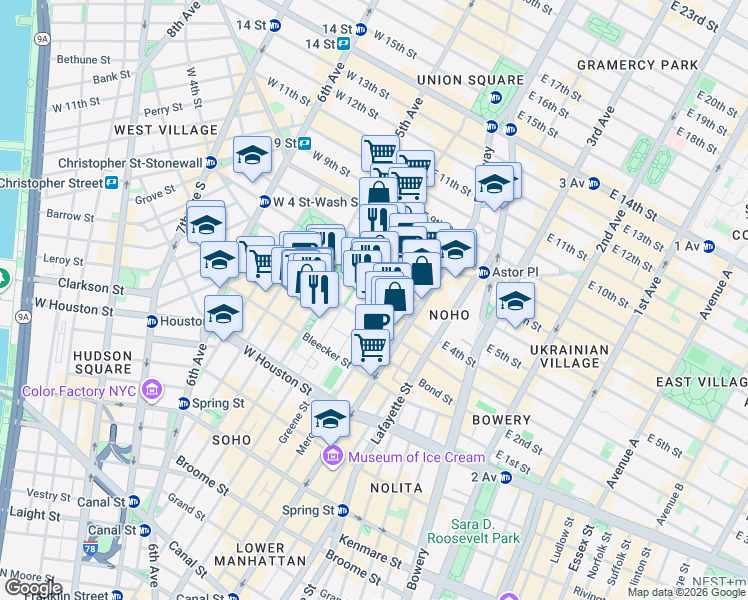 map of restaurants, bars, coffee shops, grocery stores, and more near West 4th Street in New York