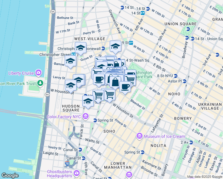 map of restaurants, bars, coffee shops, grocery stores, and more near 124 Macdougal Street in New York