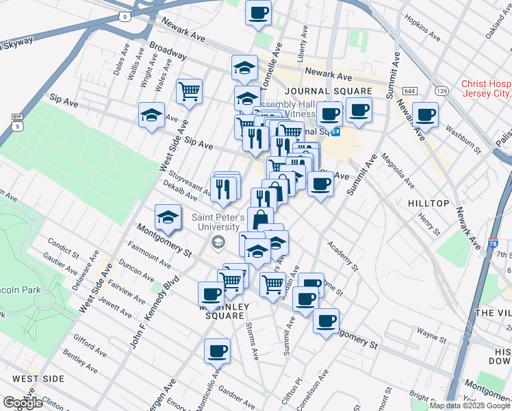 map of restaurants, bars, coffee shops, grocery stores, and more near 160 Vroom Street in Jersey City