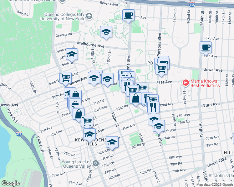 map of restaurants, bars, coffee shops, grocery stores, and more near 150-40 71st Avenue in Queens