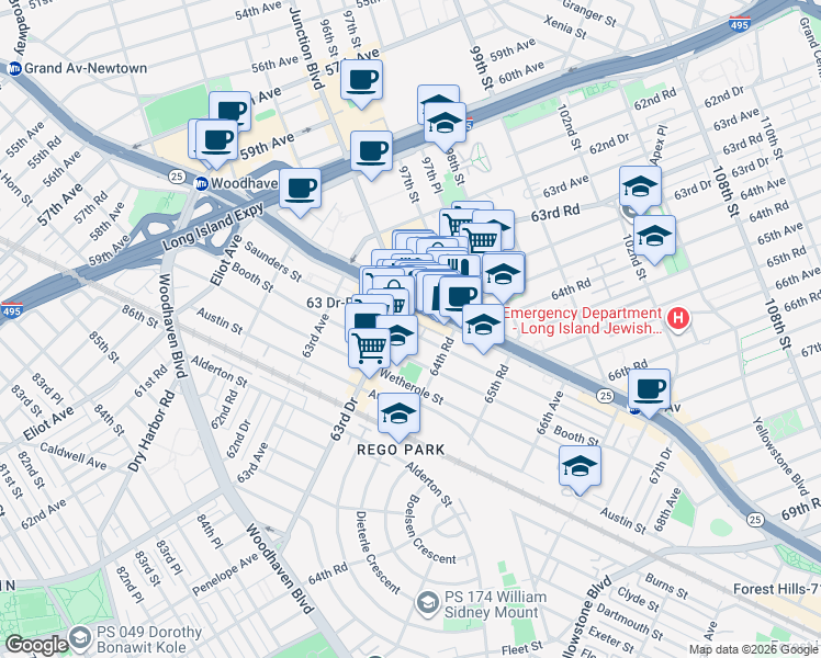 map of restaurants, bars, coffee shops, grocery stores, and more near 9632 Queens Boulevard in Queens