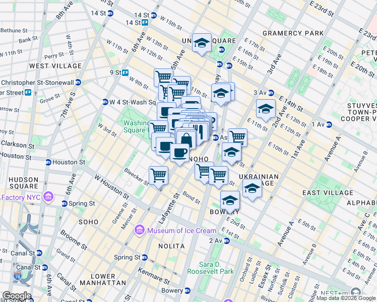 map of restaurants, bars, coffee shops, grocery stores, and more near 722 Broadway in New York