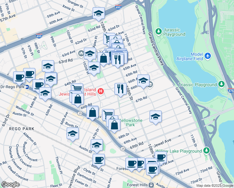 map of restaurants, bars, coffee shops, grocery stores, and more near 105-20 66th Avenue in Queens
