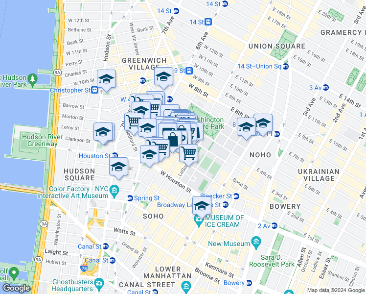 map of restaurants, bars, coffee shops, grocery stores, and more near 217 Thompson Street in New York