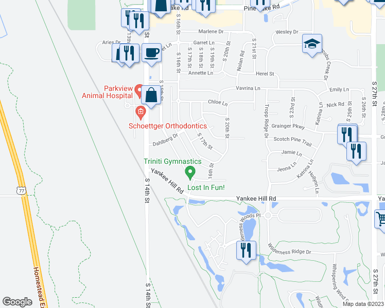 map of restaurants, bars, coffee shops, grocery stores, and more near 8301 Ryley Lane in Lincoln