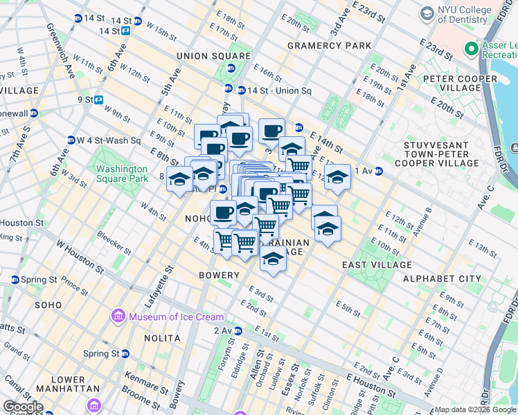 map of restaurants, bars, coffee shops, grocery stores, and more near 17 St Marks Pl in New York