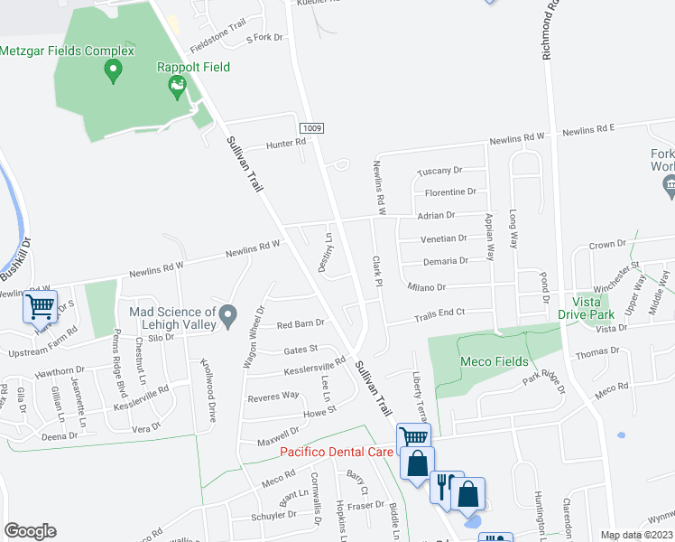 map of restaurants, bars, coffee shops, grocery stores, and more near 2755 Destiny Lane in Easton