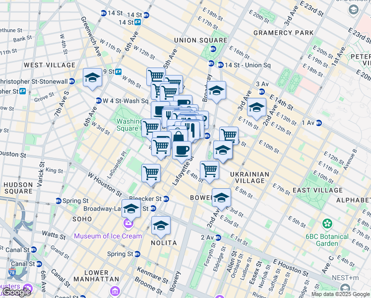 map of restaurants, bars, coffee shops, grocery stores, and more near 726 Broadway in New York