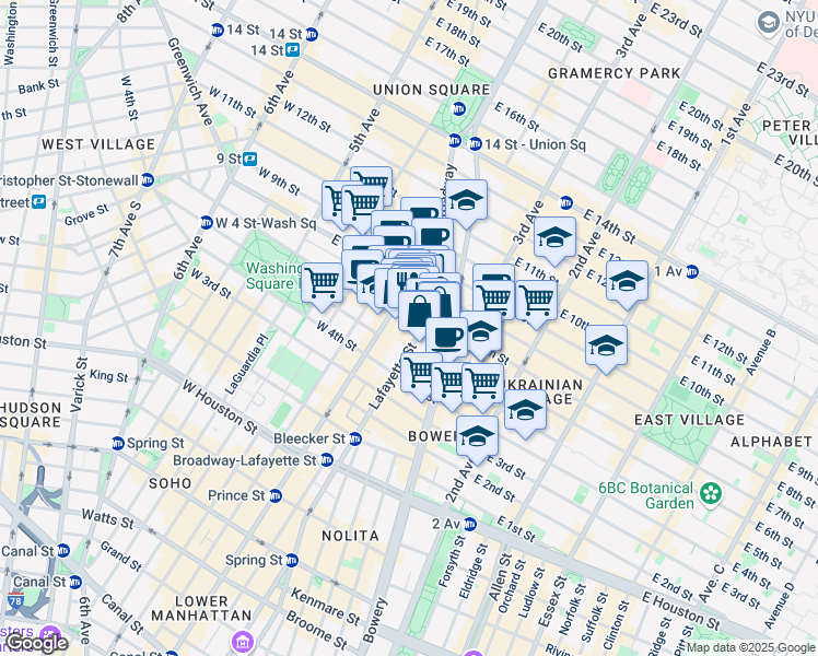 map of restaurants, bars, coffee shops, grocery stores, and more near 428 Lafayette Street in New York