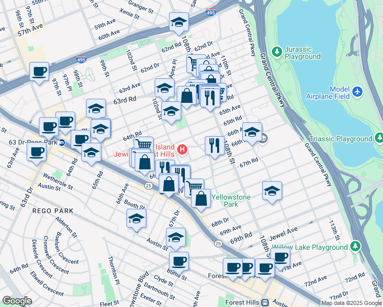 map of restaurants, bars, coffee shops, grocery stores, and more near 66-25 103rd Street in Queens