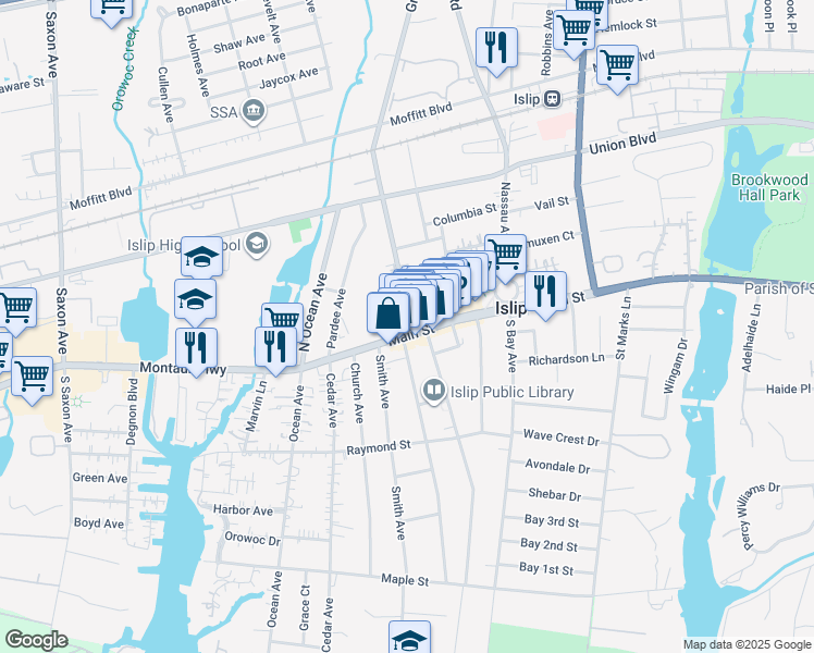 map of restaurants, bars, coffee shops, grocery stores, and more near 16 Grant Avenue in Islip
