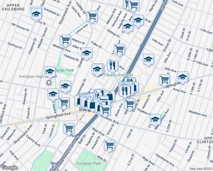 map of restaurants, bars, coffee shops, grocery stores, and more near 94 Myrtle Avenue in Irvington