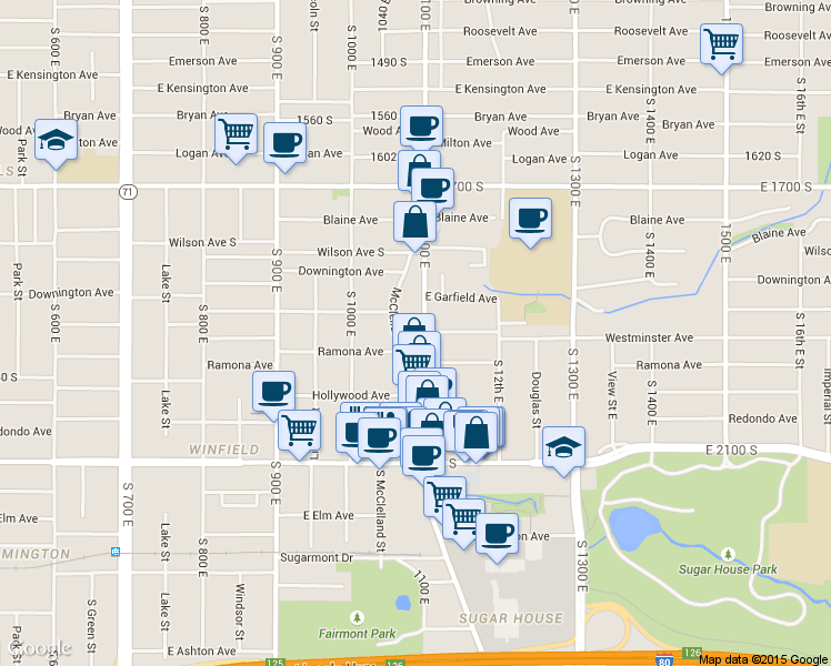 map of restaurants, bars, coffee shops, grocery stores, and more near 1865 1100 East in Salt Lake City