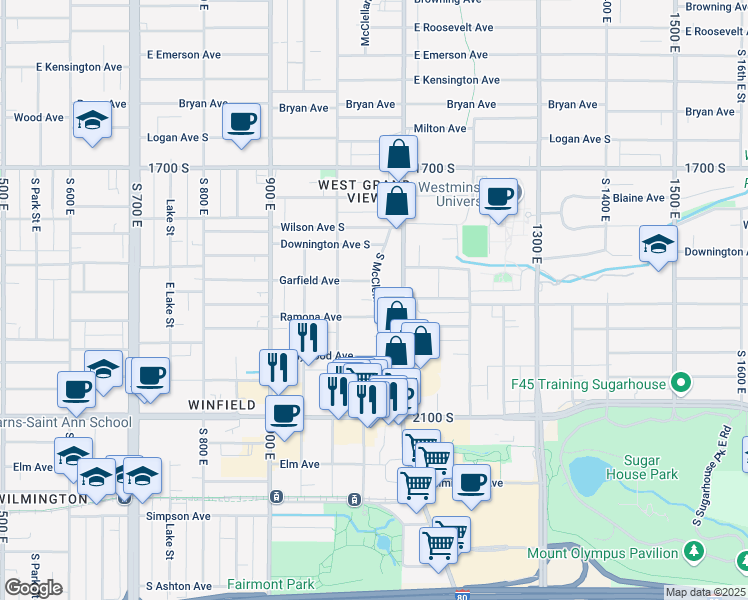 map of restaurants, bars, coffee shops, grocery stores, and more near 1046 East Garfield Avenue in Salt Lake City