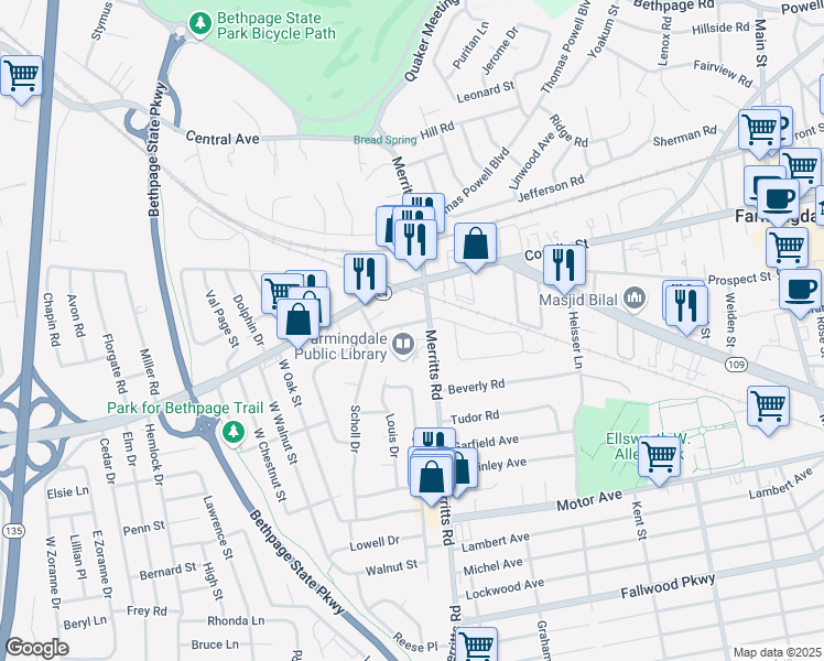 map of restaurants, bars, coffee shops, grocery stores, and more near 106 Merritts Road in Farmingdale
