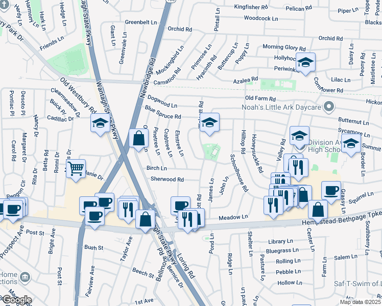 map of restaurants, bars, coffee shops, grocery stores, and more near 90 Wolcott Road in Levittown