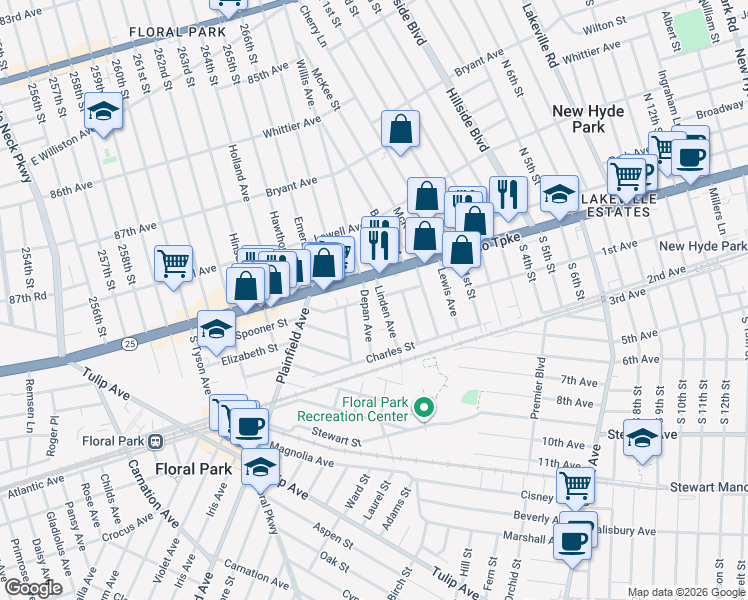 map of restaurants, bars, coffee shops, grocery stores, and more near 372 Jericho Turnpike in Floral Park