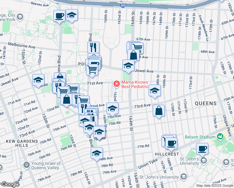 map of restaurants, bars, coffee shops, grocery stores, and more near 71-30 162nd Street in Queens