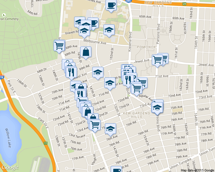 map of restaurants, bars, coffee shops, grocery stores, and more near 70-35 150th Street in Queens