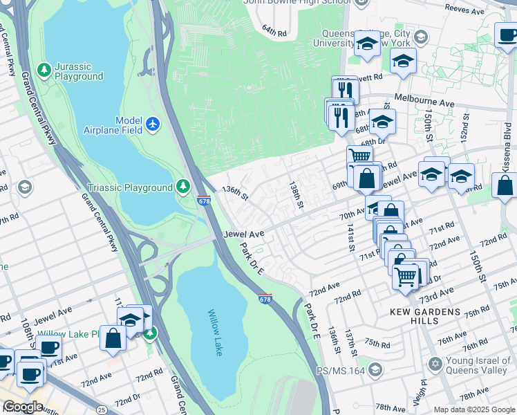 map of restaurants, bars, coffee shops, grocery stores, and more near 68-61 136th Street in Queens