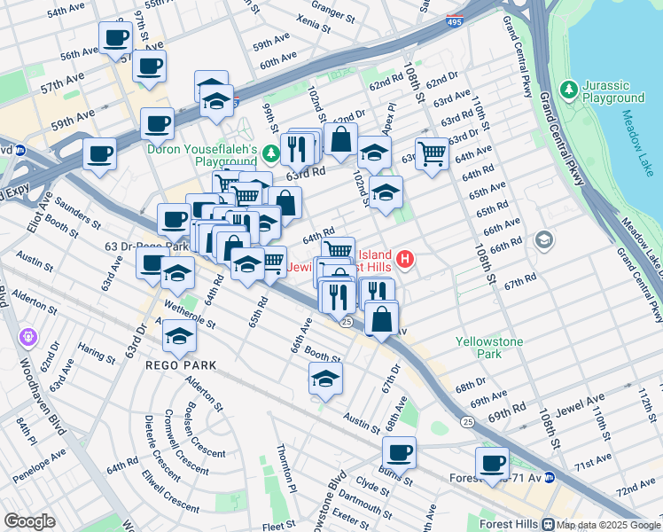 map of restaurants, bars, coffee shops, grocery stores, and more near 6509 99th Street in Queens