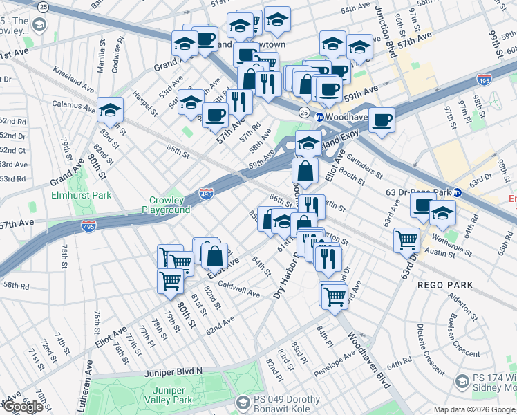 map of restaurants, bars, coffee shops, grocery stores, and more near 85-34 60th Road in Queens
