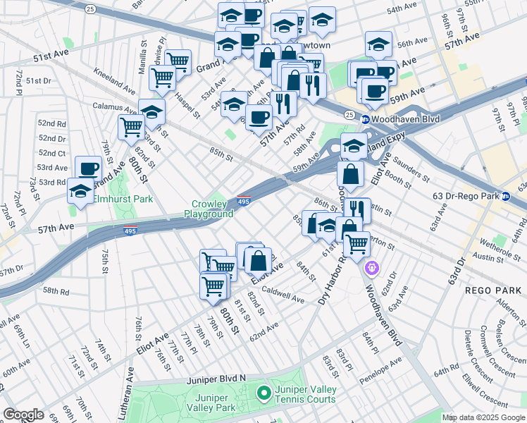 map of restaurants, bars, coffee shops, grocery stores, and more near 58-20 84th Place in Queens