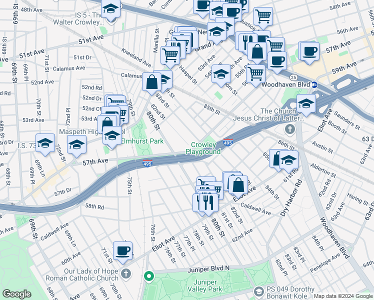map of restaurants, bars, coffee shops, grocery stores, and more near 81-17 57th Avenue in Queens